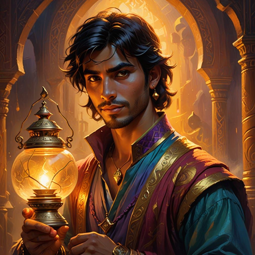 Close-up of a Disney-Inspired Aladdin with Vibrant Oil Paint...