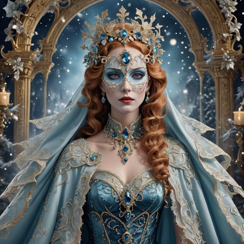 Icy Blue Gaze: Woman in Gemstone Christmas Mask