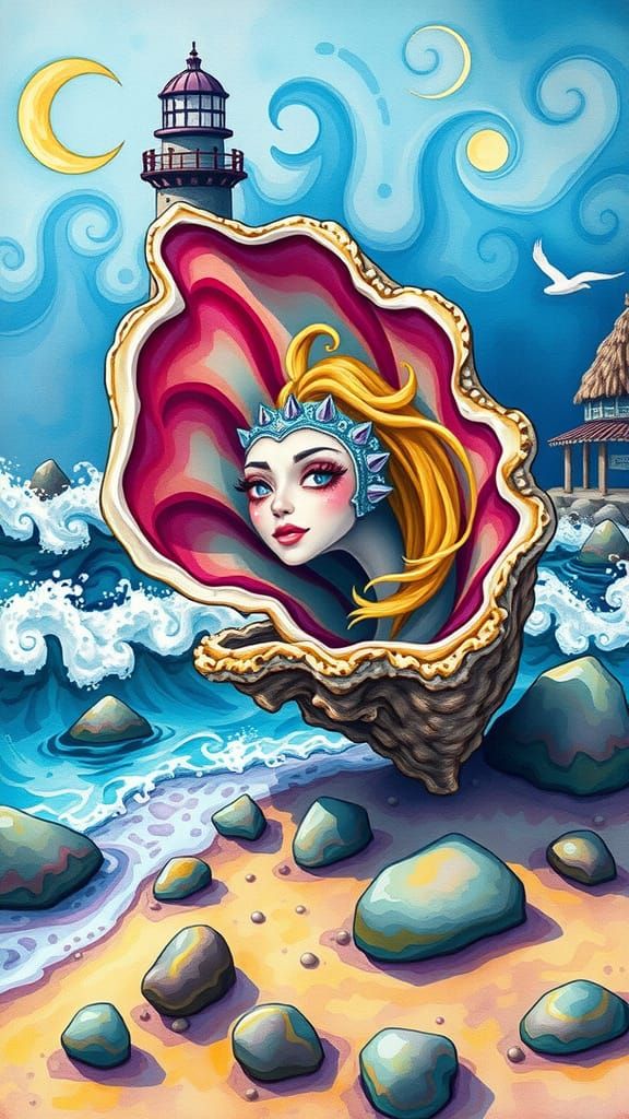 Oyster Creature on Beach in Gouache Wonderland