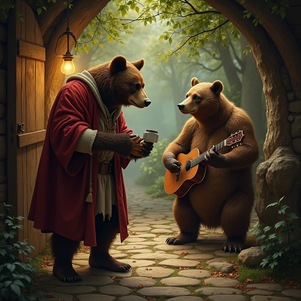 Medieval Tavern Tales: Bard and Bear in Woods