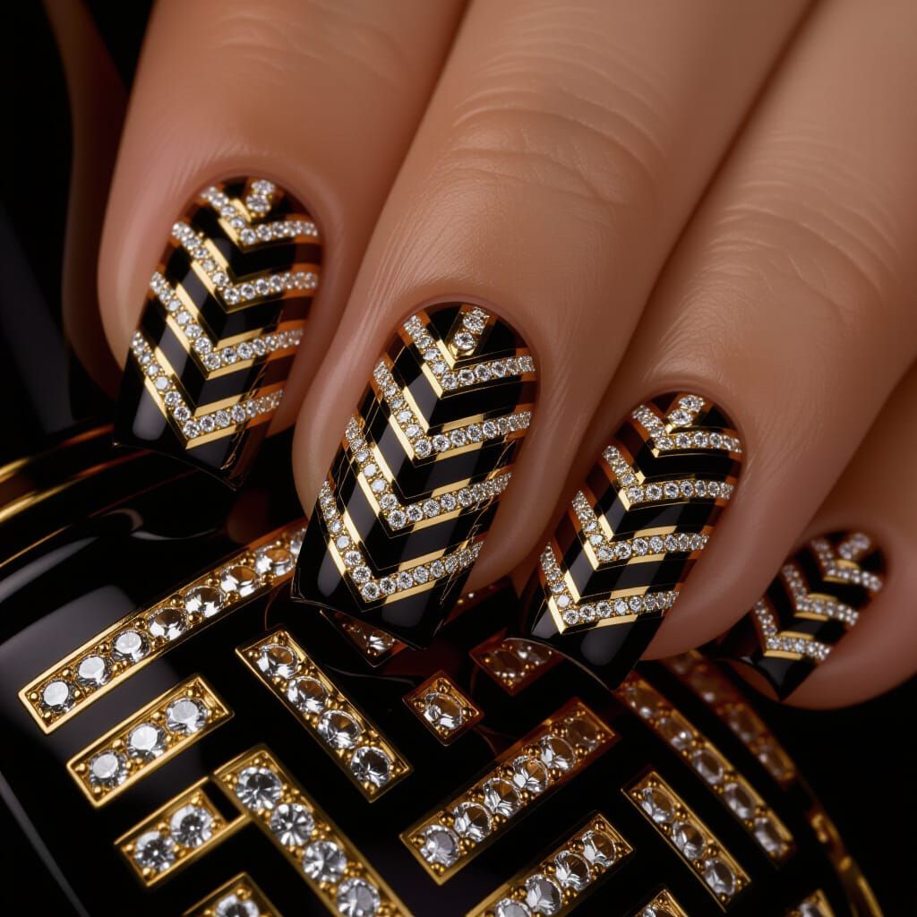 Art Deco Nail Art: Gold Chevrons on Matte Black