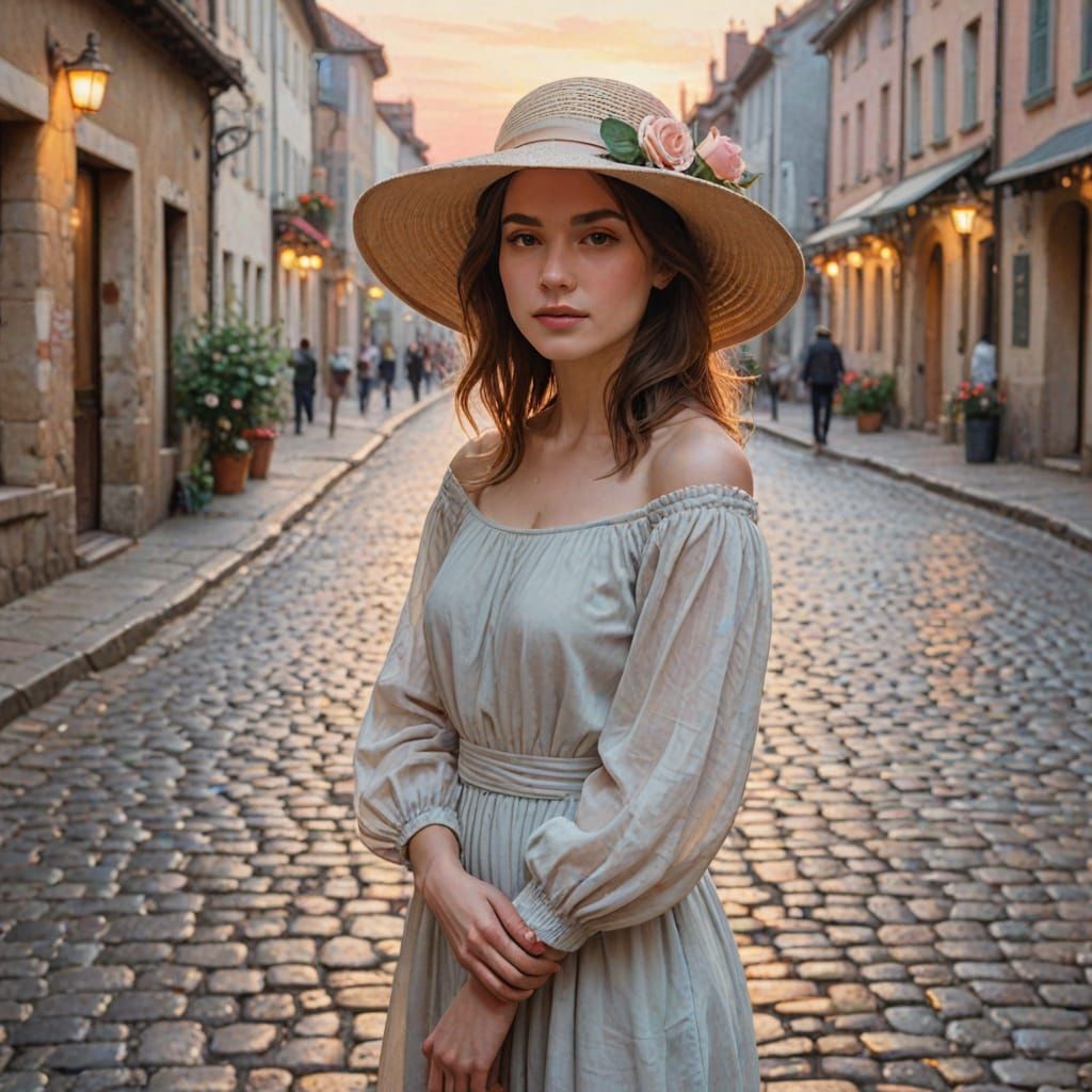 Woman in Rose Hat on Cobblestone Street at Twilight