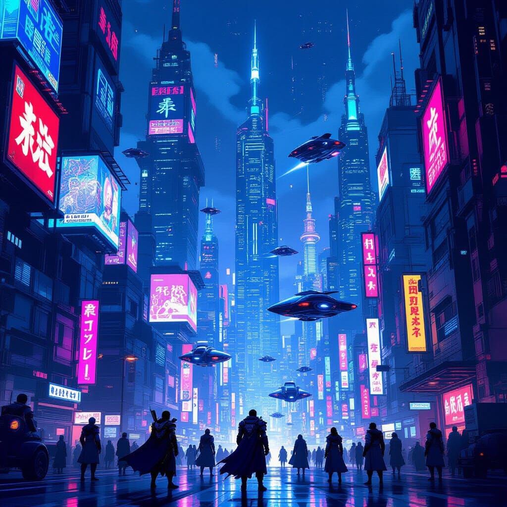Cyberpunk Cityscape with Final Fantasy Tactics Characters