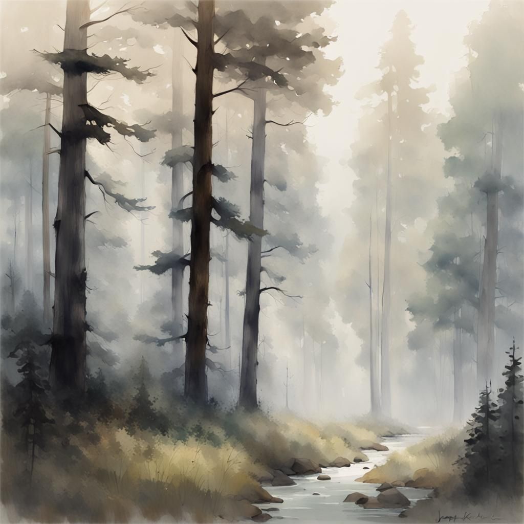 Misty Forest Landscape in Watercolor Style