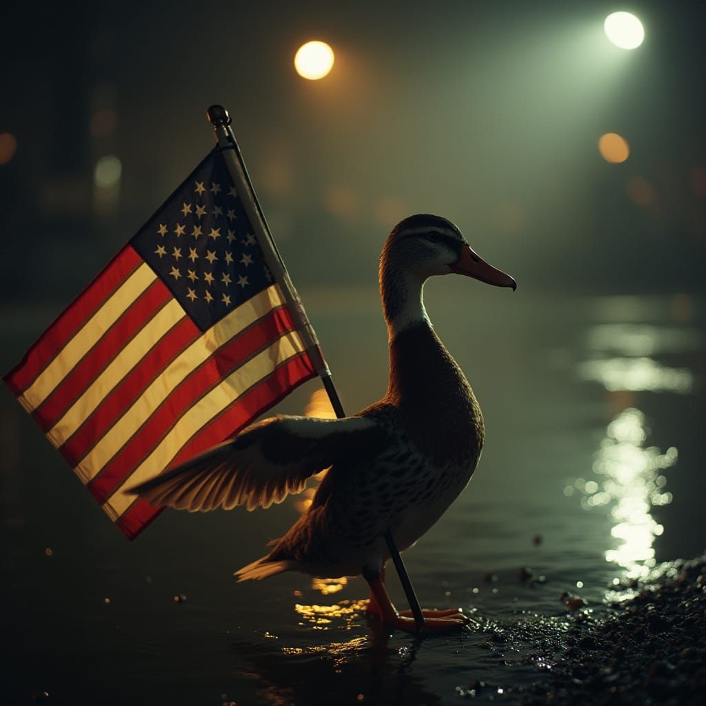 Duck Wielding American Flag in Cinematic Style
