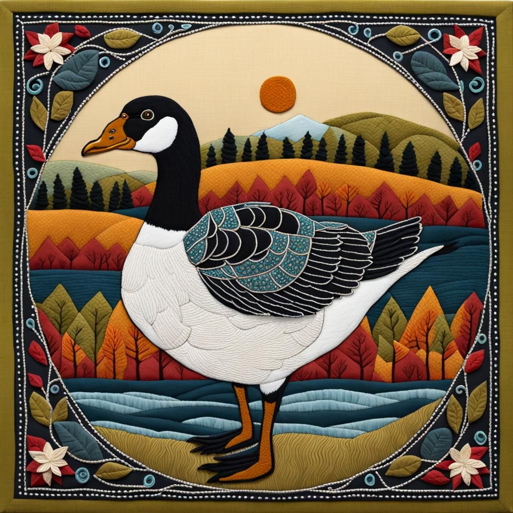 Goose Playing Banjo in Textile Folk Art