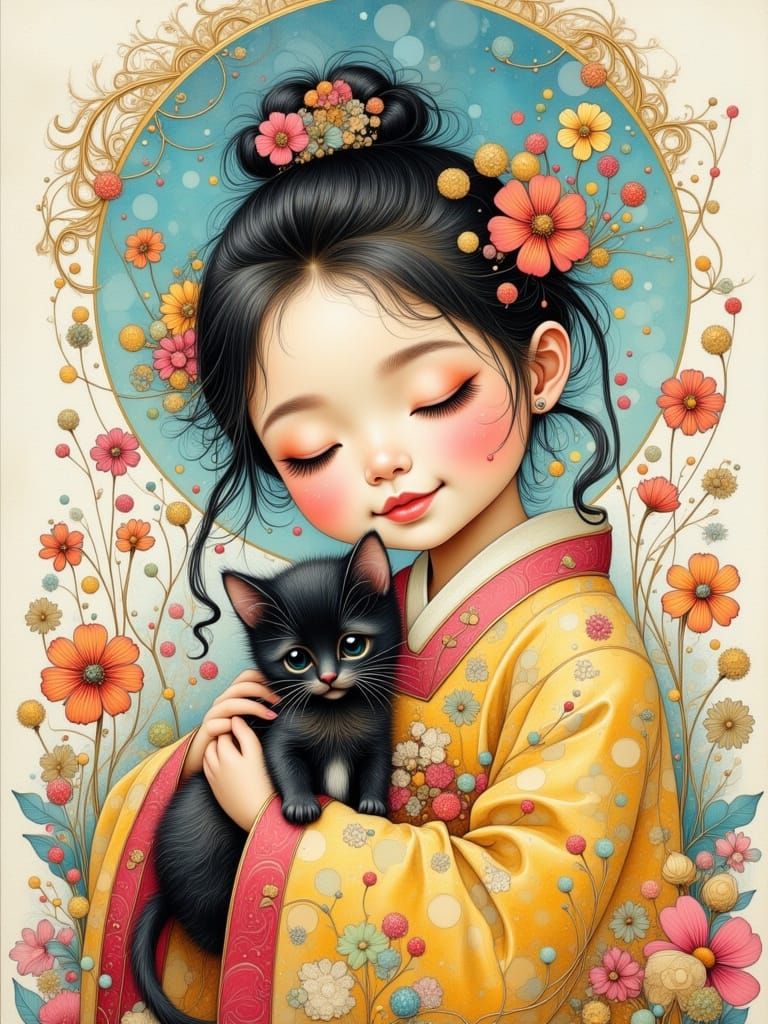 Korean Child with Kitten in Dreamlike Fantasy Art