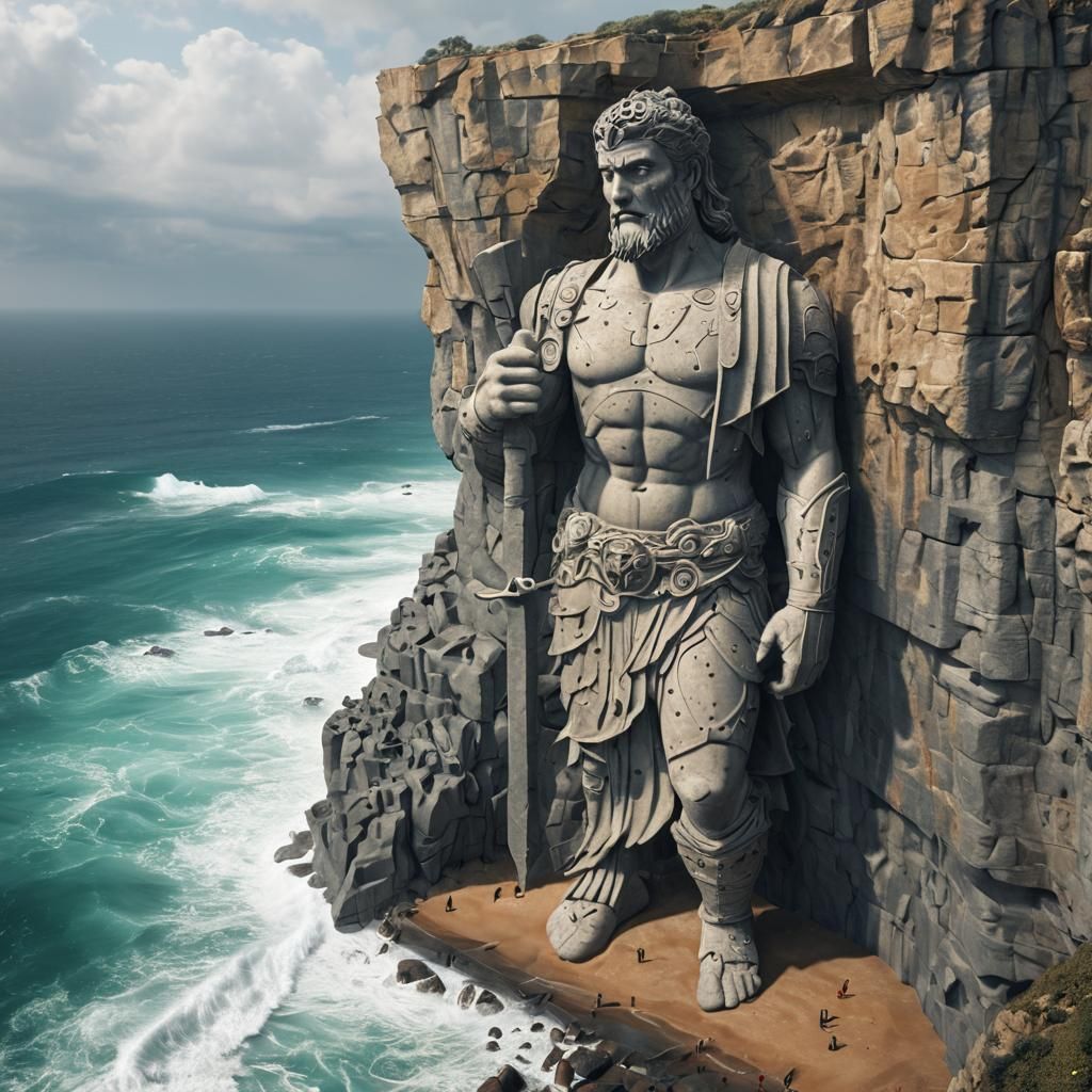Majestic Stone Warrior Carved into Oceanside Cliff