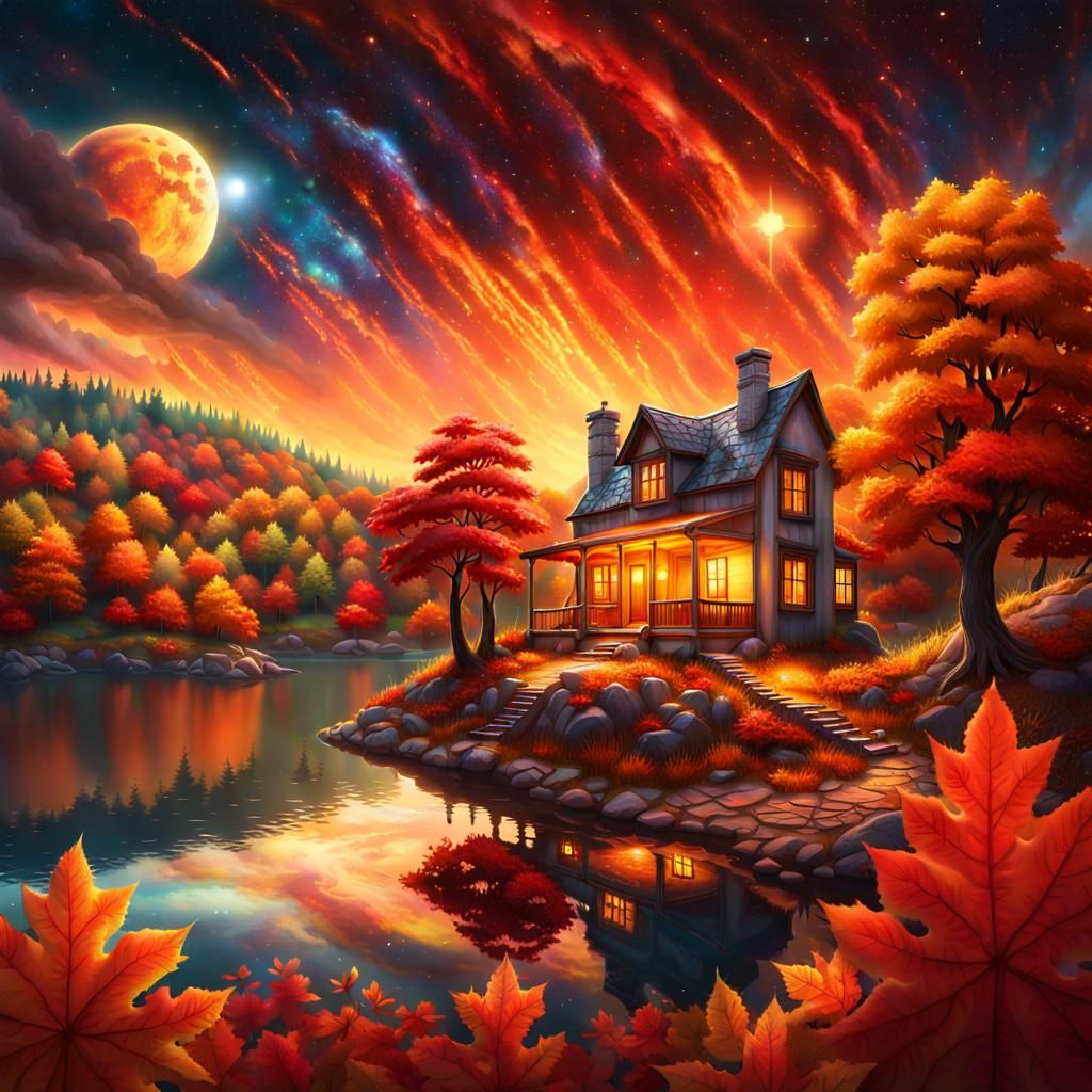 Autumn Cottage Over Serene Lake: Digital Matte Painting