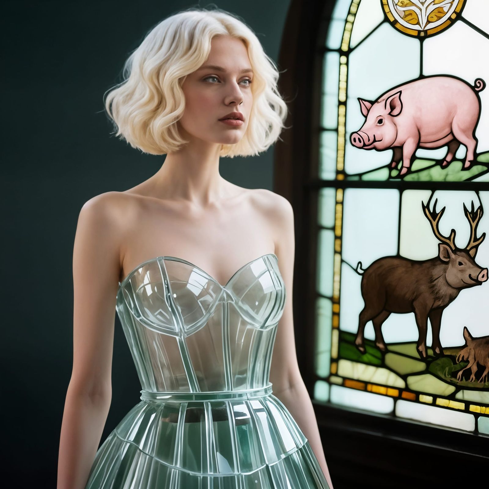 Woman in Stained Glass Dress with Boar Motifs