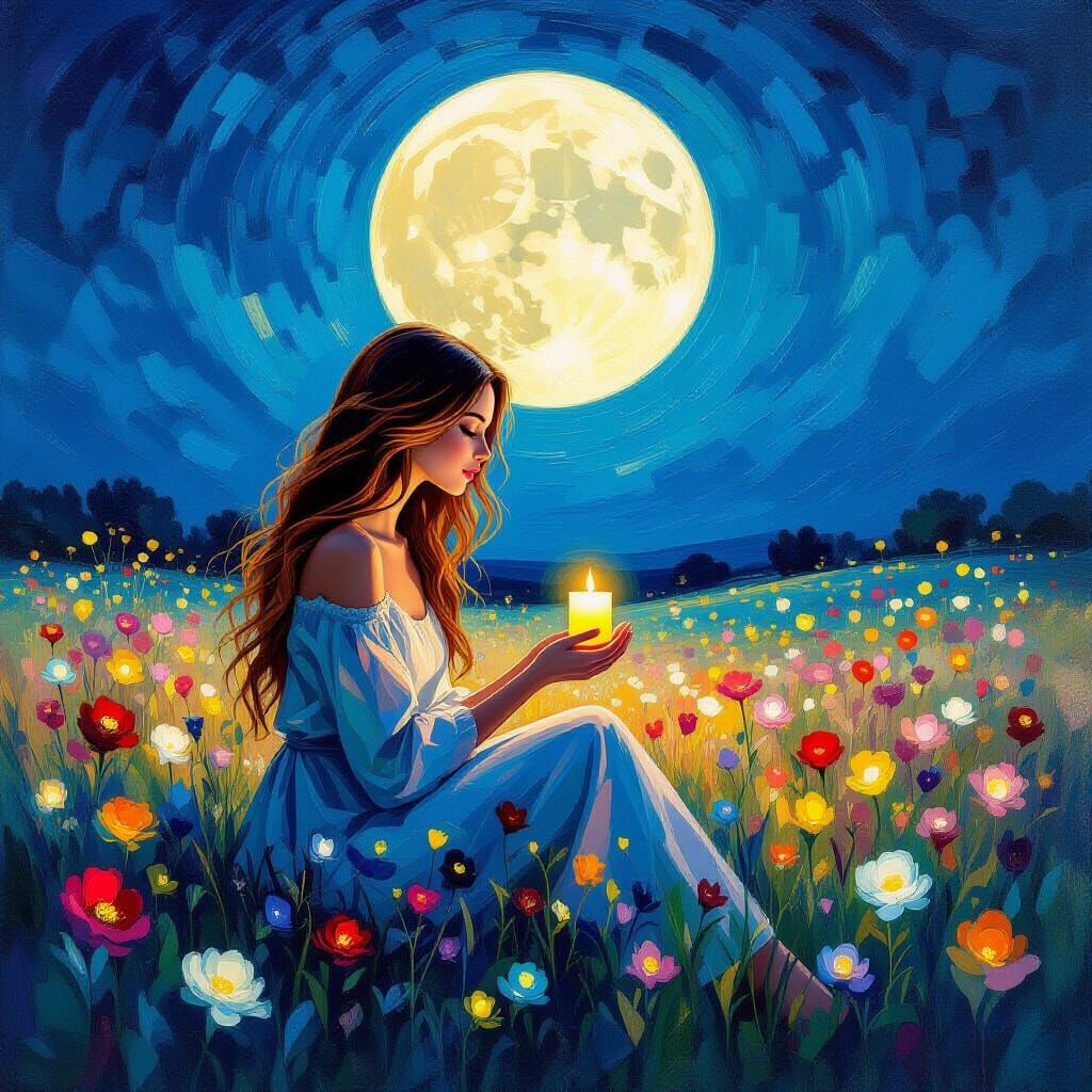 Woman with Candle in Bioluminescent Field Under Full Moon