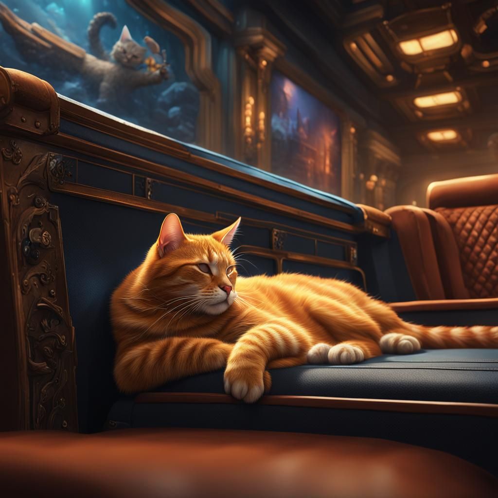 Orange Tabby Cat Sleeps in Cinema: Detailed Matte Painting