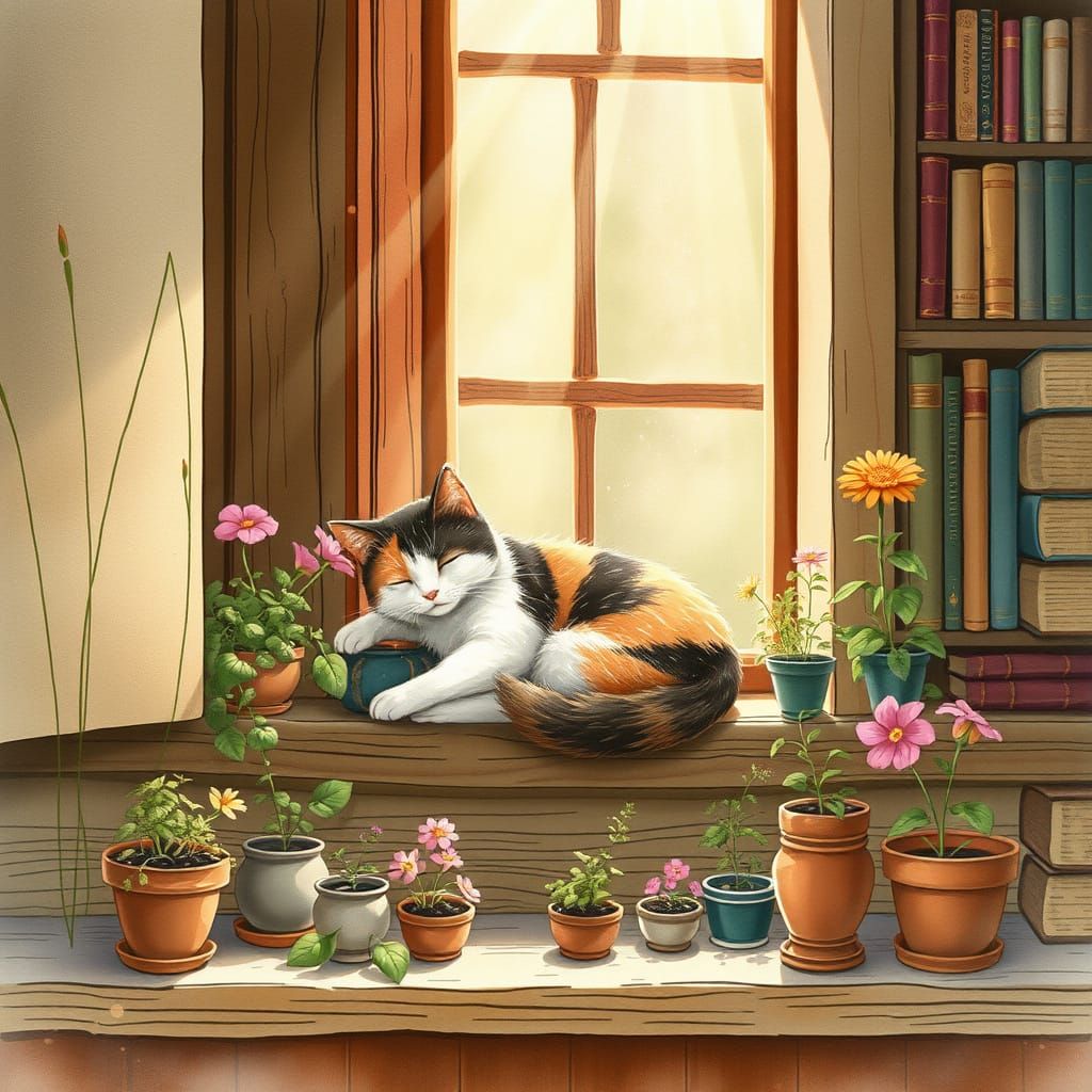 Whimsical Watercolor Scene of Calico Cat in Cozy Cottage