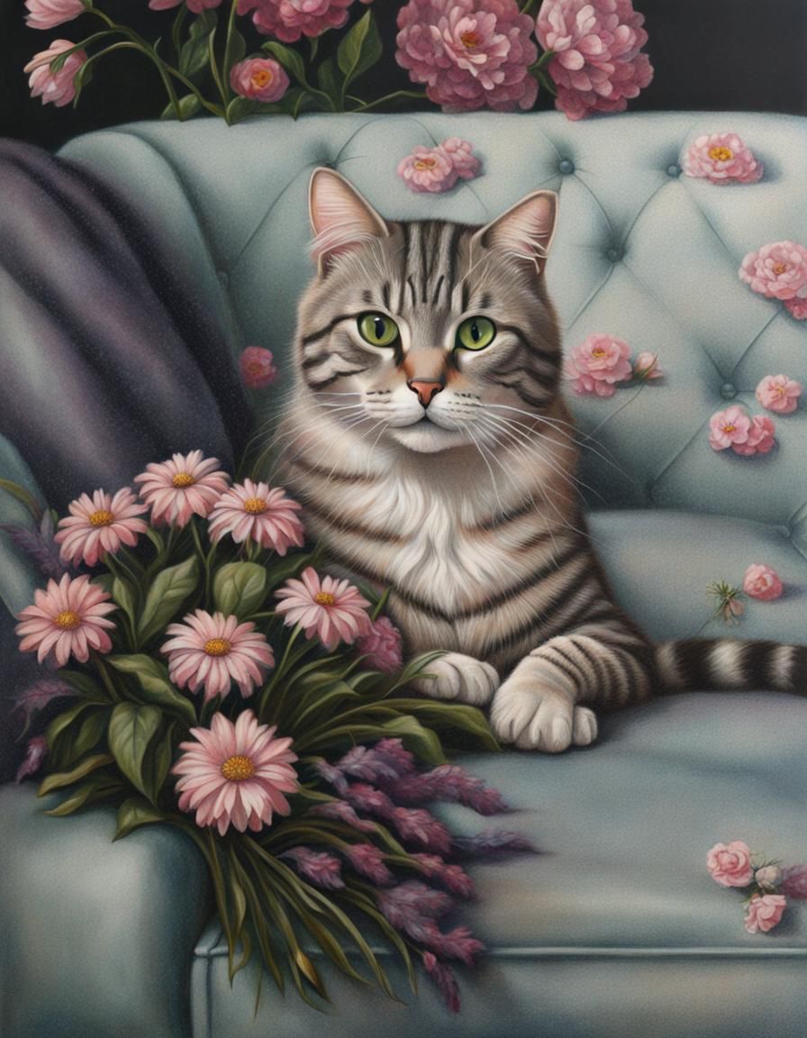 Enchanted Tabby Cat on Couch with Sparkling Flowers