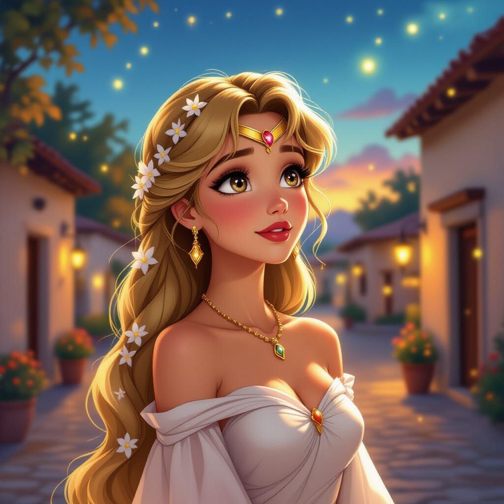 Magical Princess in Glowing Mexican Village at Dusk