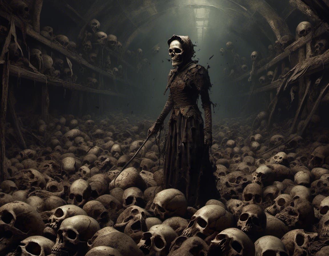 Plague Nurse Amidst Skulls in Hyperrealism