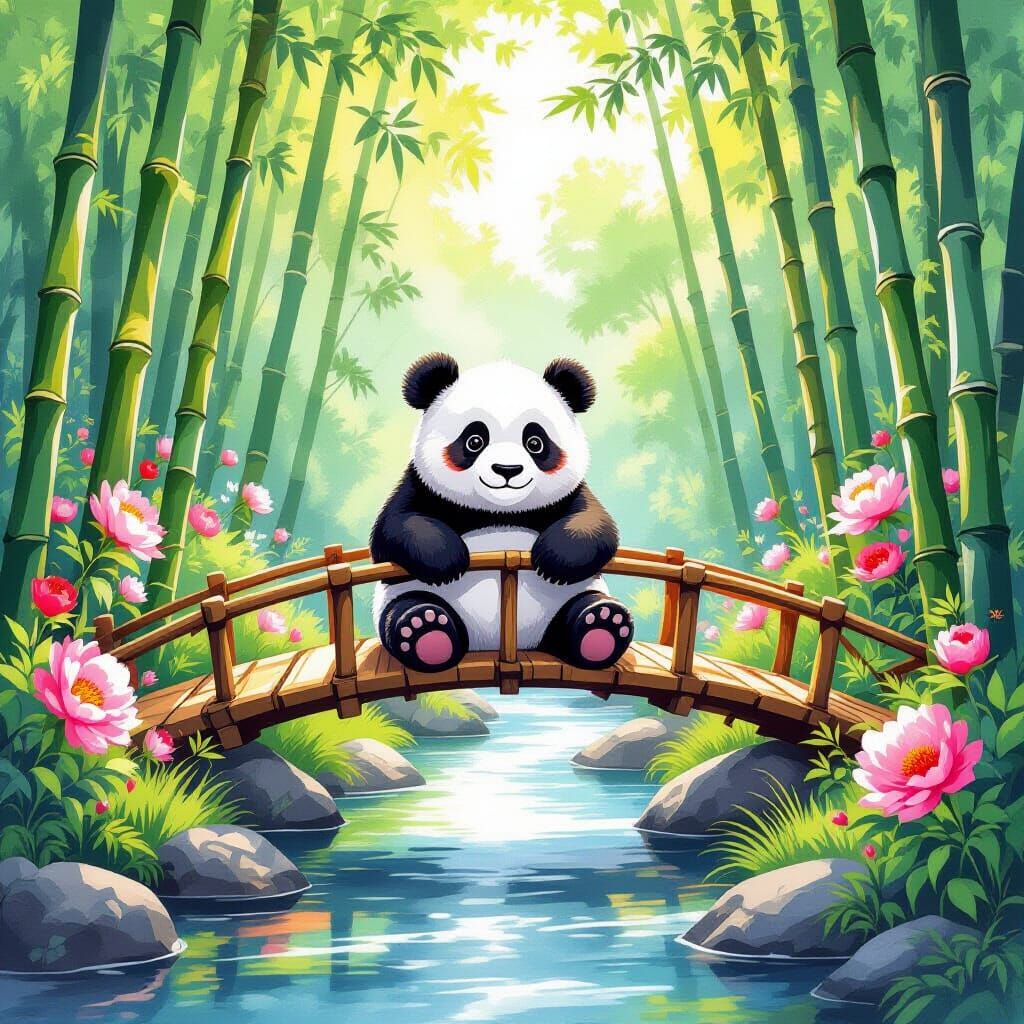 Panda on Bamboo Bridge in Watercolor Forest