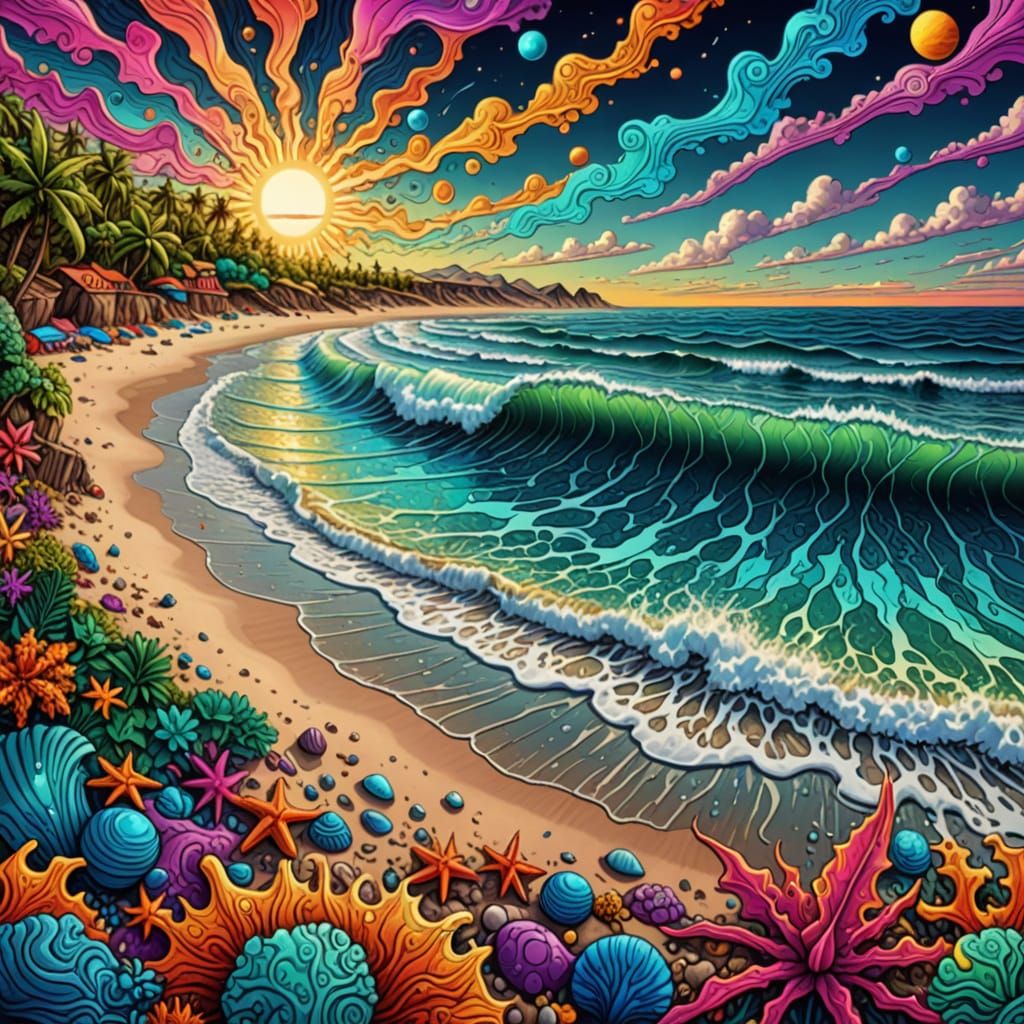 Vibrant Cosmic Beachscape in Holographic Aesthetic