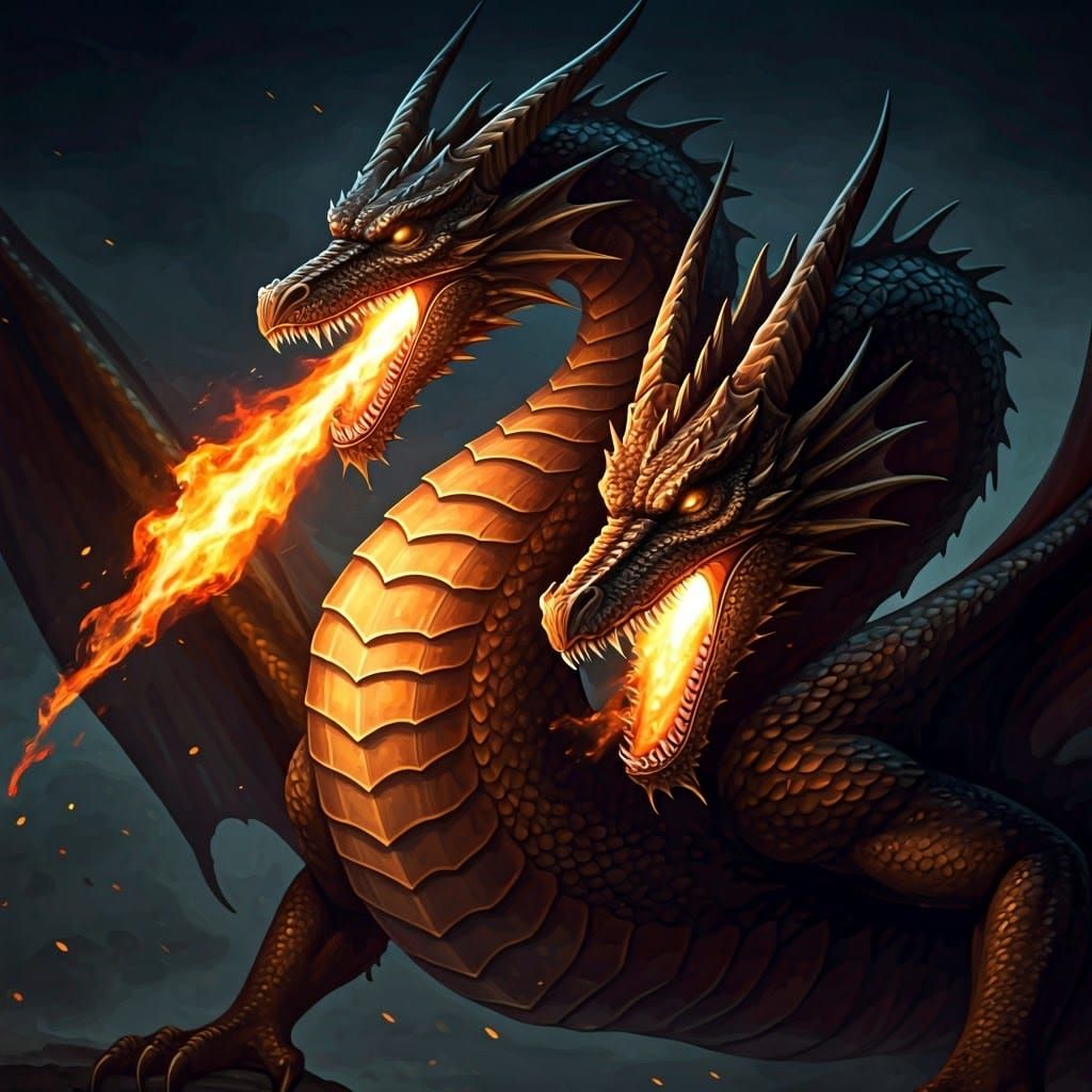 Three-Headed Dragon Breathing Fire in Fantasy Art