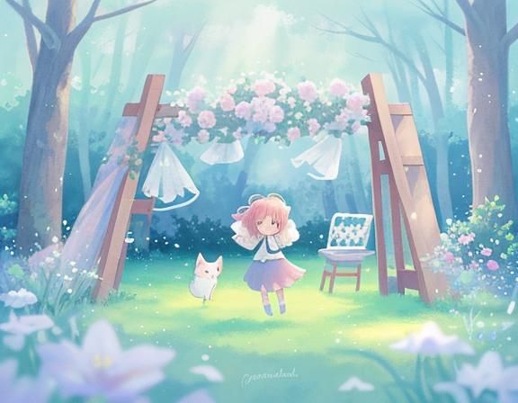 Girl and Kitten in Park: Whimsical Anime Illustration