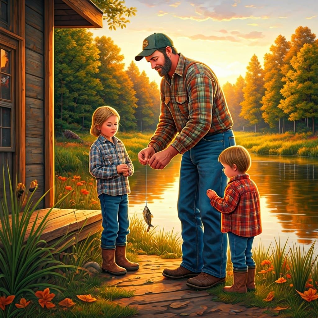 Family Fishing Trip in Rural Realism Style