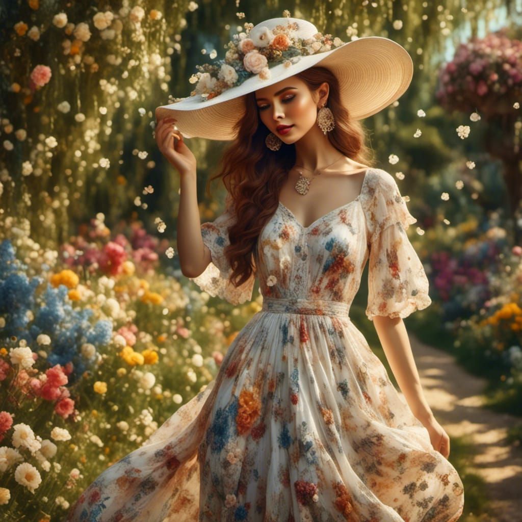 beautiful woman in a summer dress with white hat with flowers in a garden scape