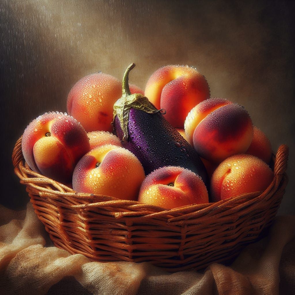 Basket of Wet Peaches with Eggplant