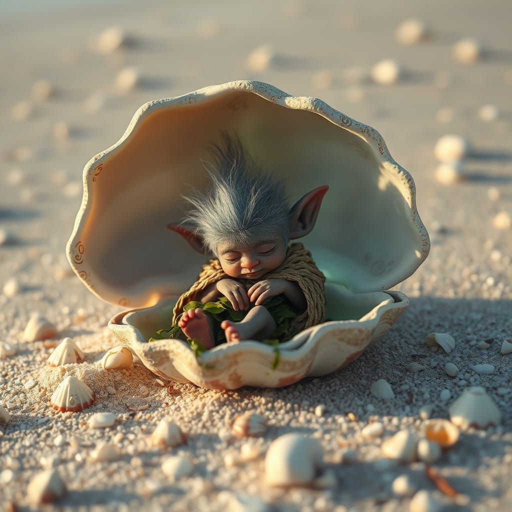 Miniature Troll in Seashell, Fairytale Illustration