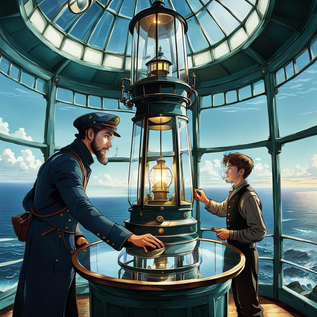 Ghibli-Style Lighthouse Scene with Apprentice