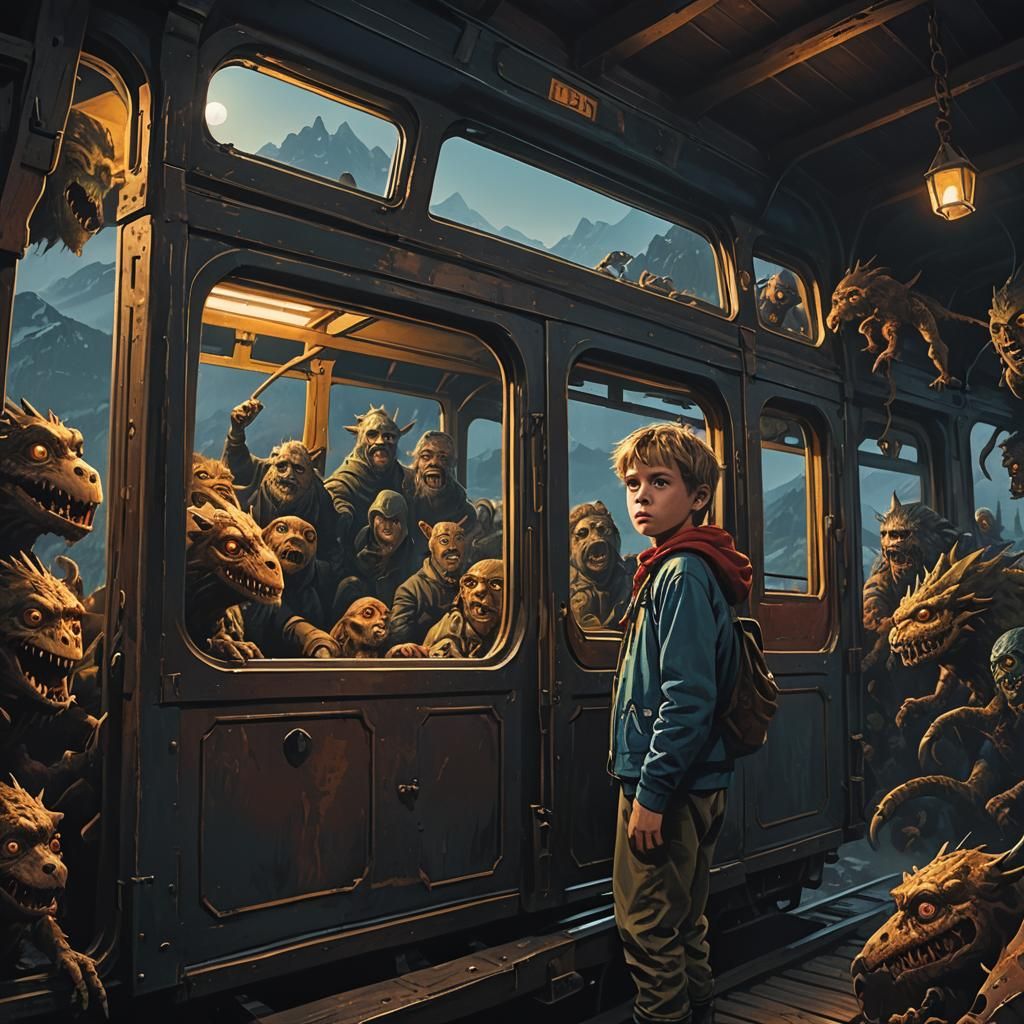 European Kid and Monsters in Dark Fantasy Train