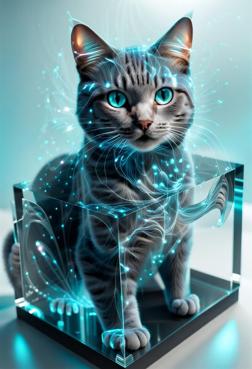 Hyperrealistic Crystal Hologram of a Cat Box