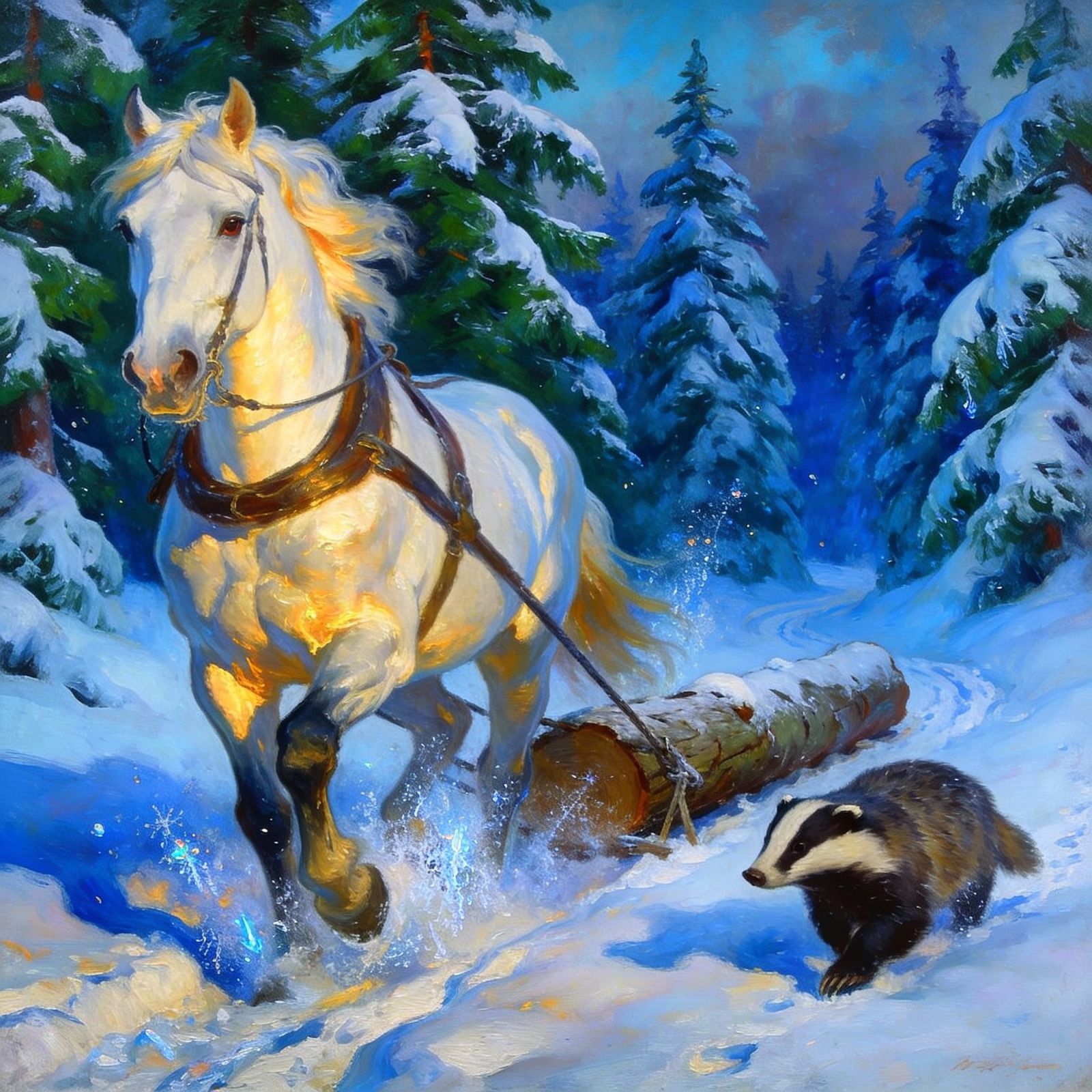 White Draft Horse Pulls Log Through Snowy Forest