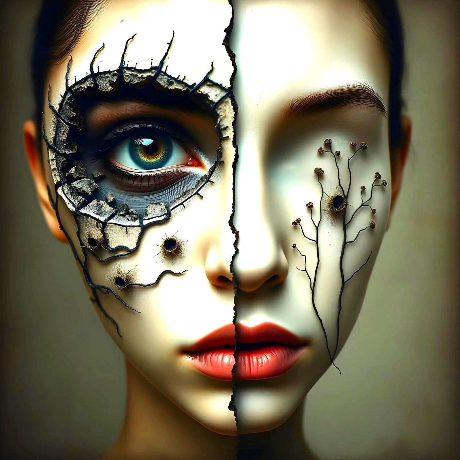 Surreal Duality Portrait with Hollow Eye Socket
