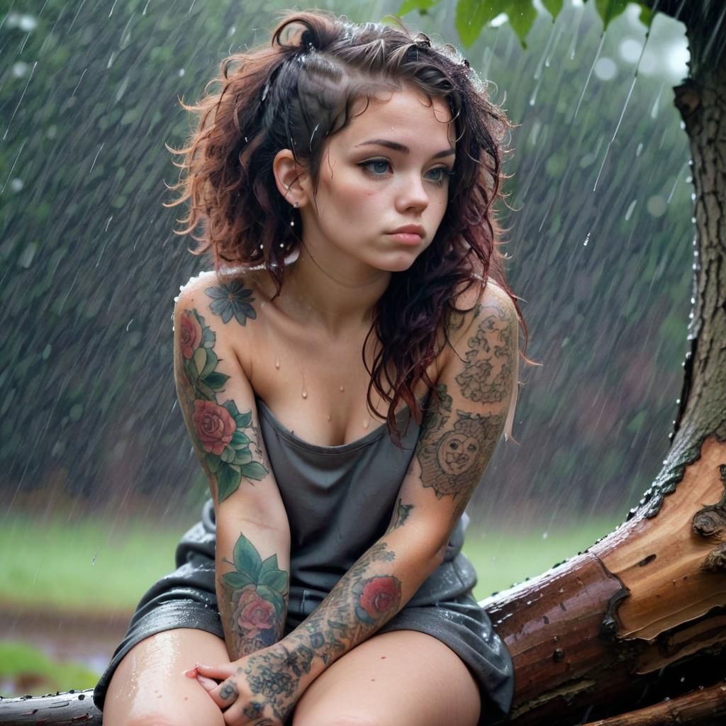 Tattooed Woman with Curls in Warm Rain