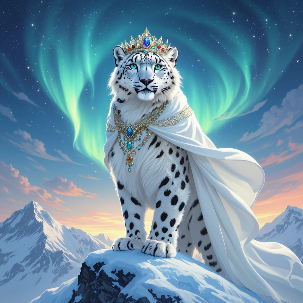 Crowned Snow Leopard on Snowy Peak in Art Nouveau Style
