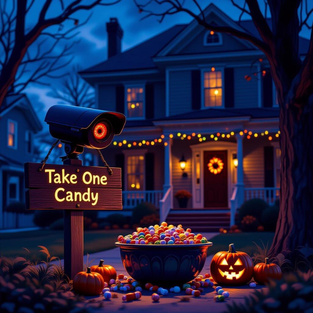 Halloween House with Candy Sign and Suspicious Camera