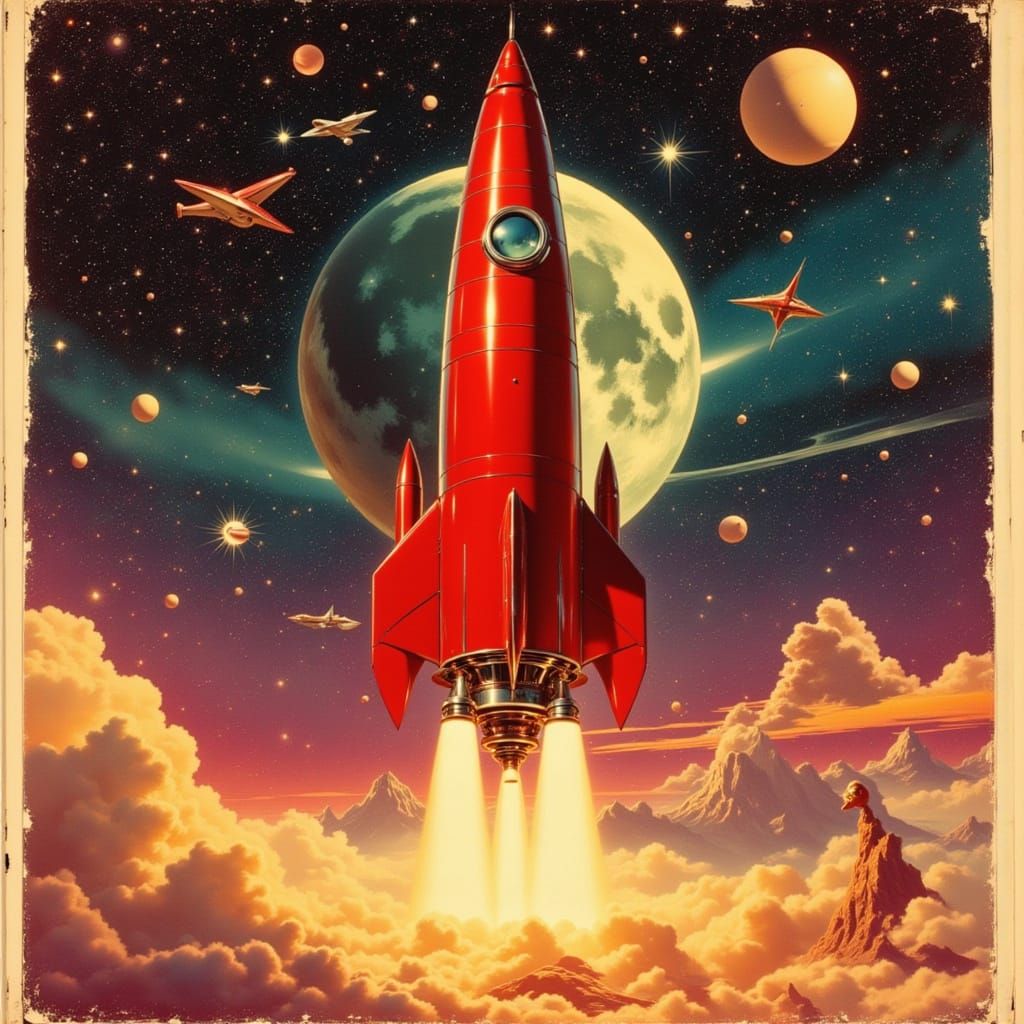 1950s Sci-Fi Rocket Launching in Deep Space