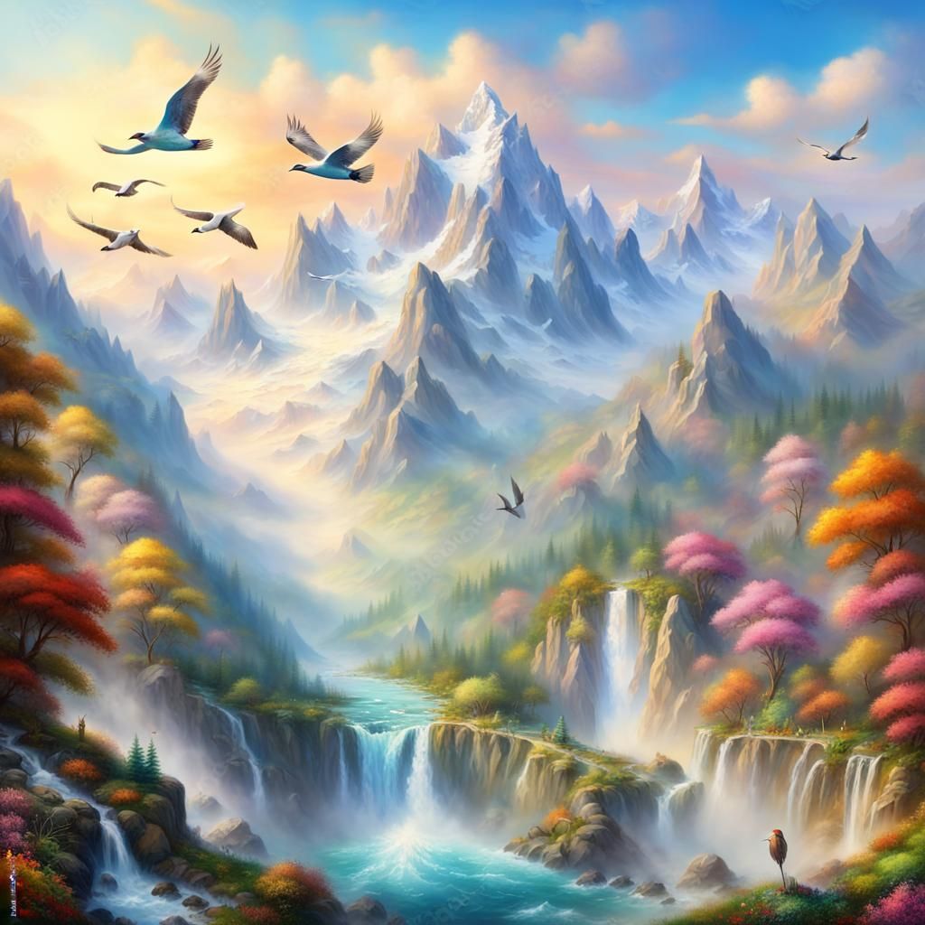 Snowtop Alps and Waterfalls in Ethereal Mist