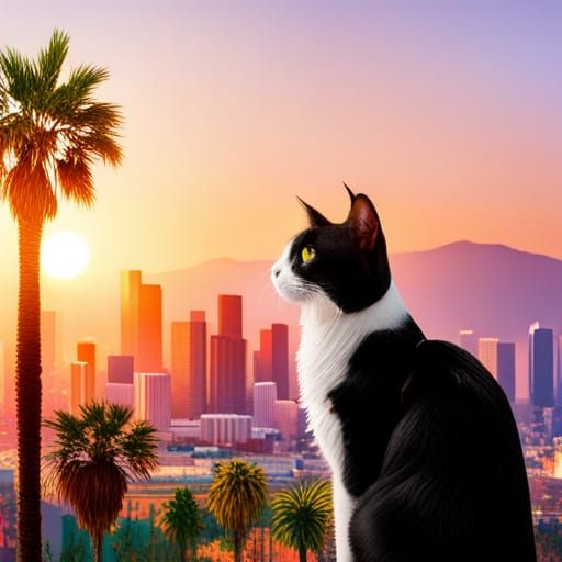 Tuxedo Cat Views Los Angeles Sunset Skyline