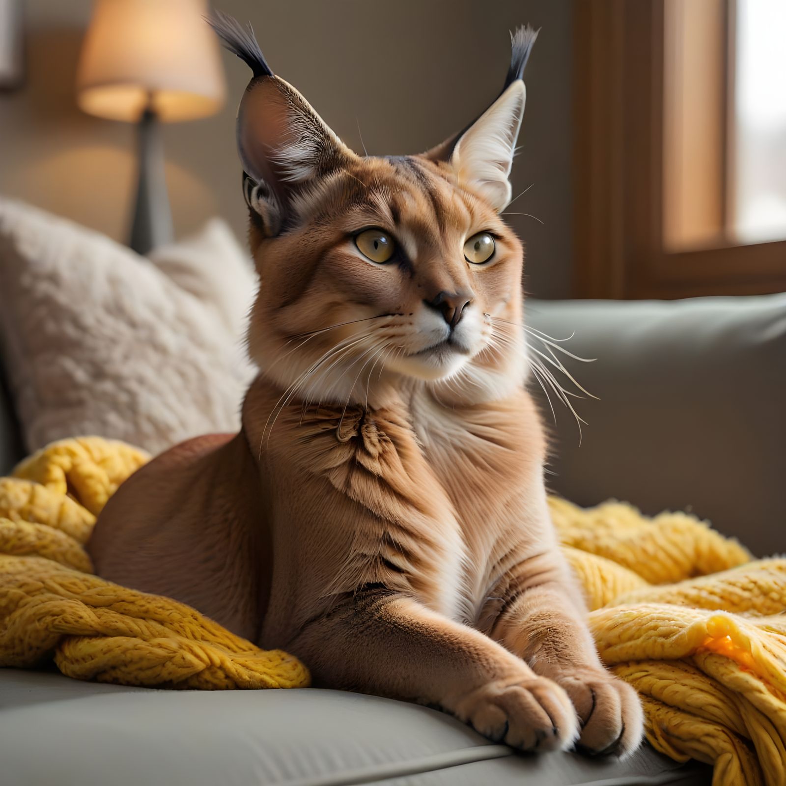 Cozy Caracal on a Grey Sofa