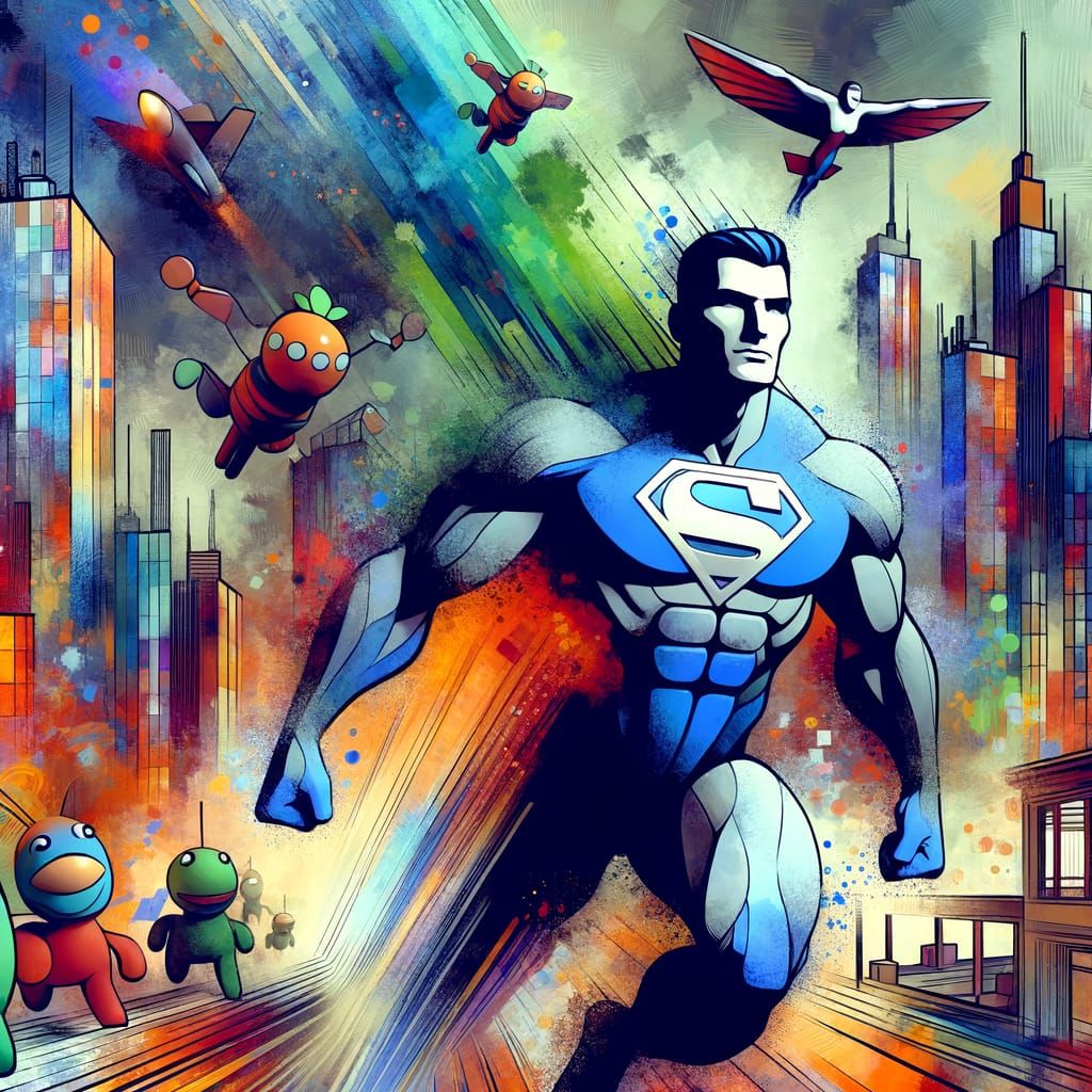 Superhero Soaring Over Metropolis in Watercolor Comic Style