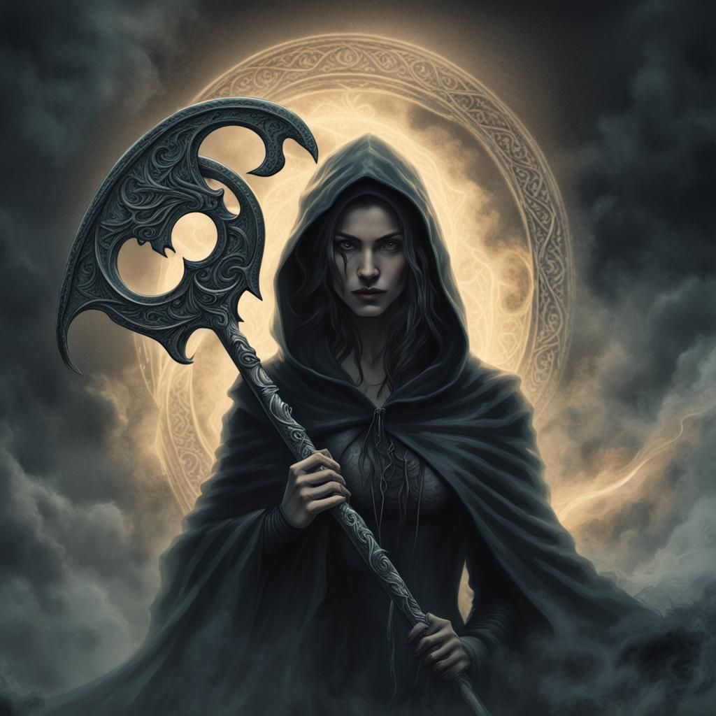 Mystical Woman with Scythe in Dark Fantasy Art
