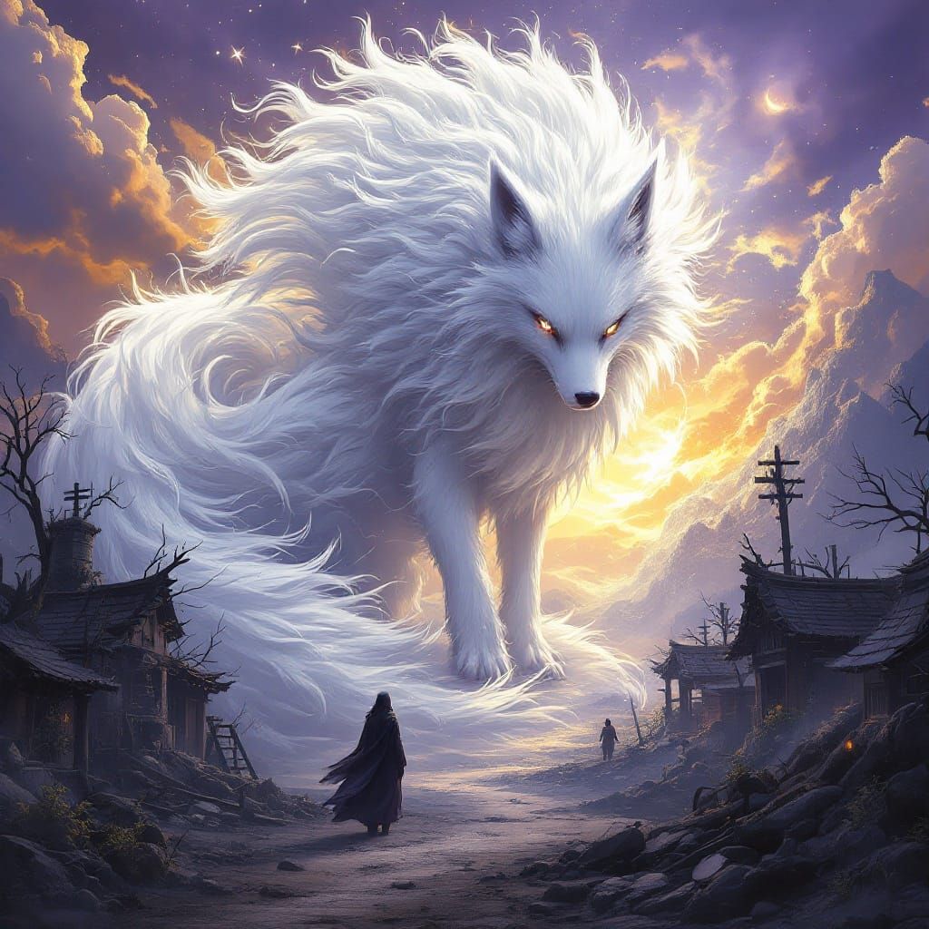 Gigantic Kitsune Radiates Wind Magic in Devastated Village