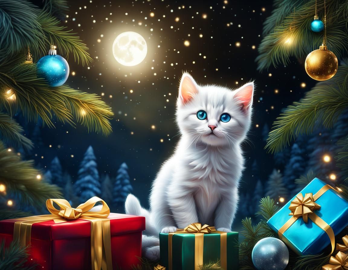 Tropical Christmas Tree with Kitten in Bioluminescent Forest