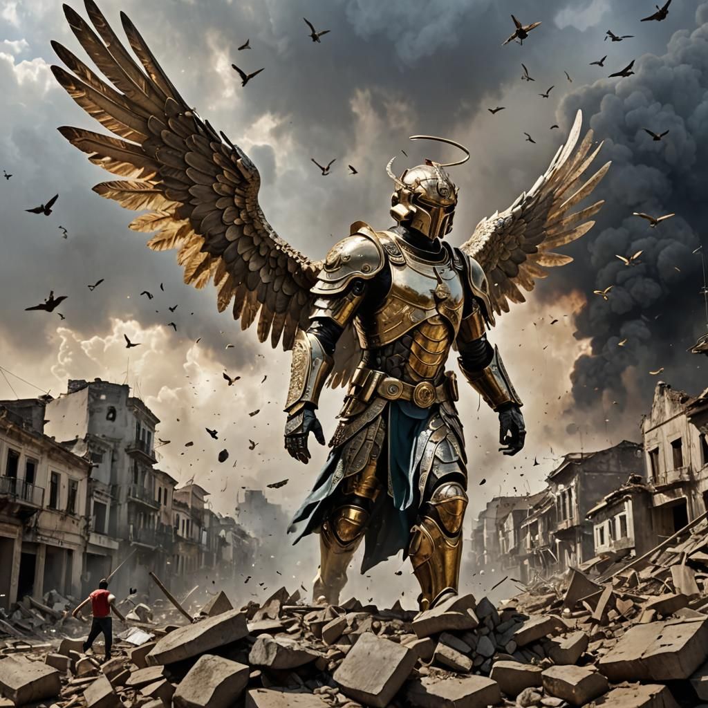 Angelic Warrior in Catastrophic Landscape: Detailed Matte Pa...