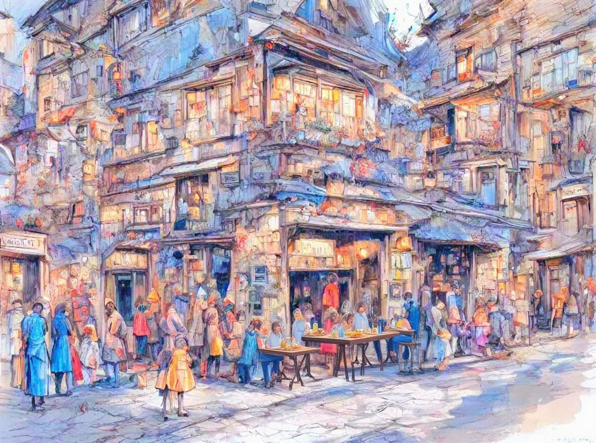 Asiatic Tavern with Garden in Pastel Colors