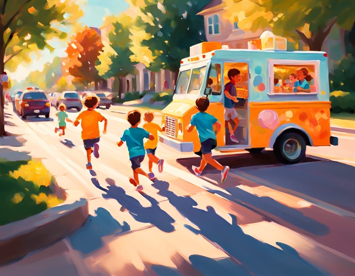 Children Run to Ice Cream Truck: Impressionist Oil Painting