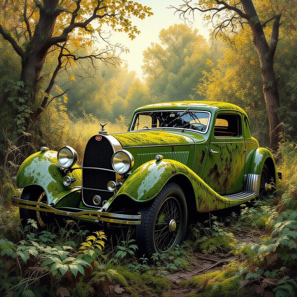 Moss-Covered 1930s Bugatti Atlantic in Ruin