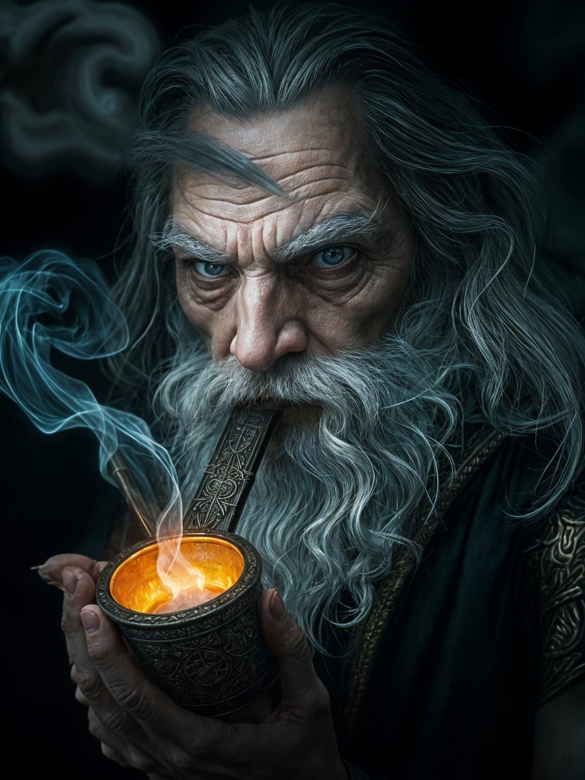 Sinister Gandalf Portrait Smoking Pipe in the Dark