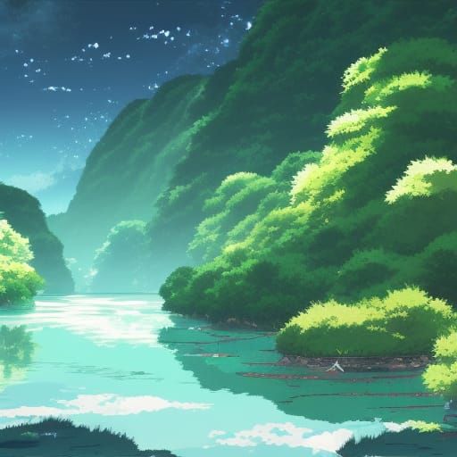 Anime River Scene Inspired by Studio Ghibli